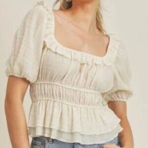 NWT Lush | Short Sleeve Smocked Peplum Crop Top Cream Yellow | Size Medium